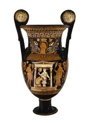 Apulische rotfigurige Volutenkrater, dekoriert mit einer sitzenden Frau und ihren zwei Begleiterinnen, ca. 340-320 v. Chr.